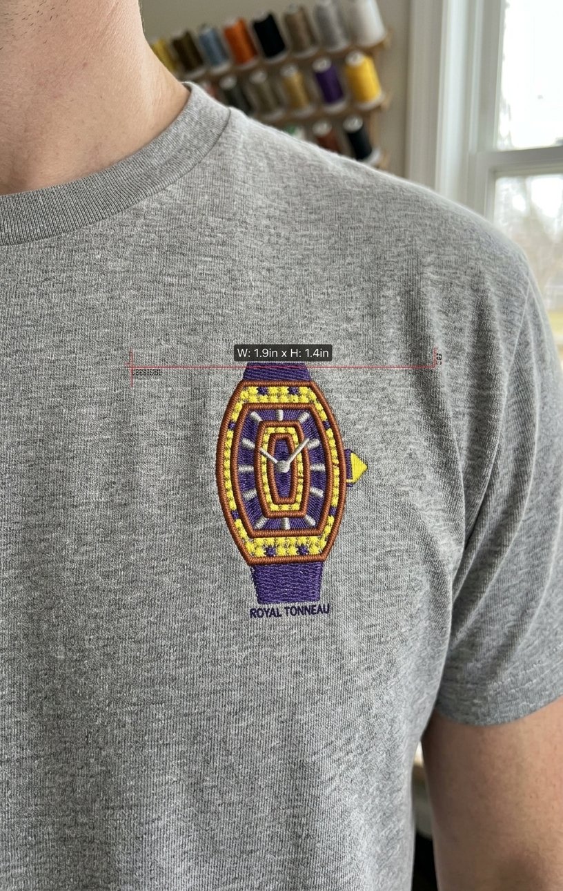 Royal Tonneau Embroidered Watch Design on T-Shirt
